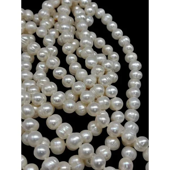 Freshwater Ringed Pearl Necklace 80" Glowing Bridal White 9mm-10mm Free Form